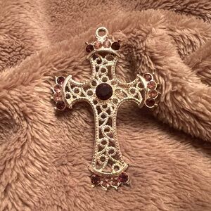 VINTAGE Large Silver Religious Cross Necklace Pendant with Purple Crystals